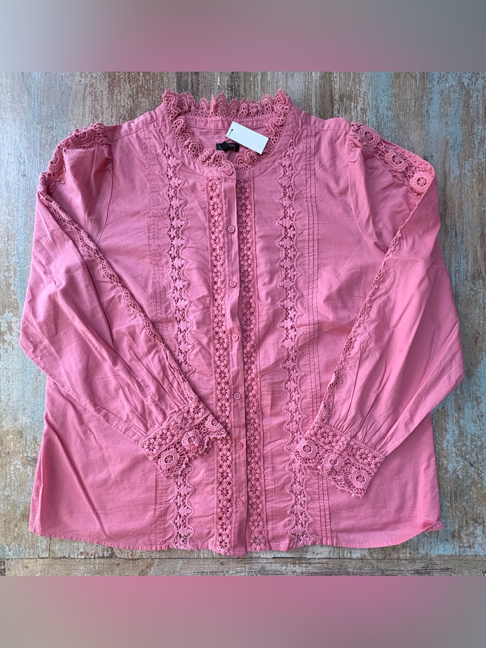Talbots Pink–Peach Lace-Trim Button Front Blouse